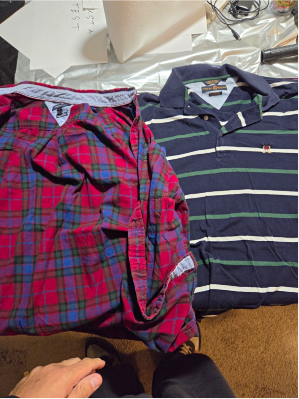 Lot 2 Tommy Hilfiger Men's Large L Shirts Plaid Button Down & Striped Polo